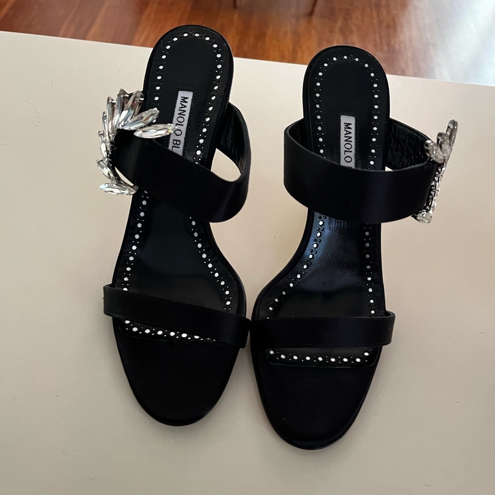 Manolo Blahnik Chivela Crystal Black Embellished Sandals 38